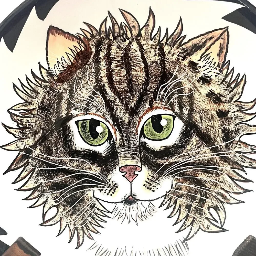 Cats By Nina Lyman Ceramic Bowl Brown Tabby Cat Green Eyes Striped Long Haired